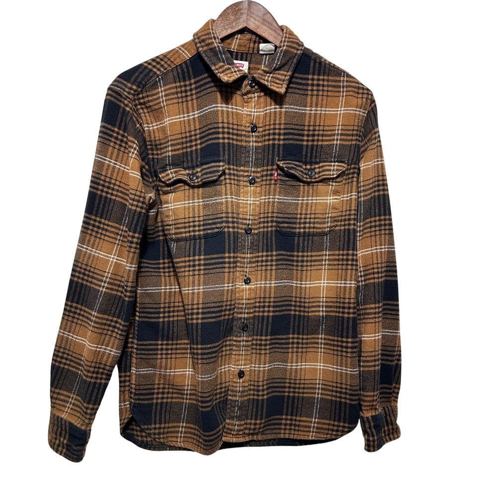 Levis Mens Flannel Shirt M Brown Black Plaid Button Front Grunge Casual Workwear